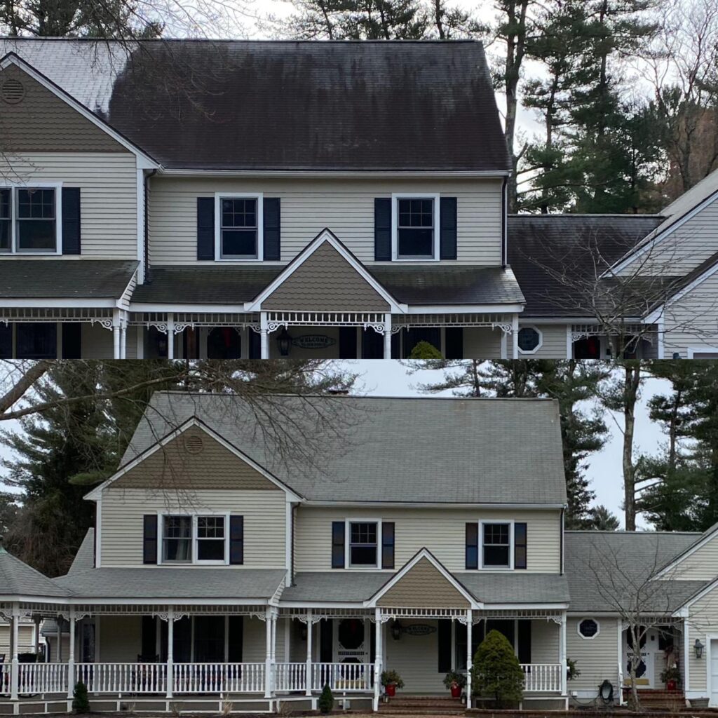 Two story black stained Roof Wash