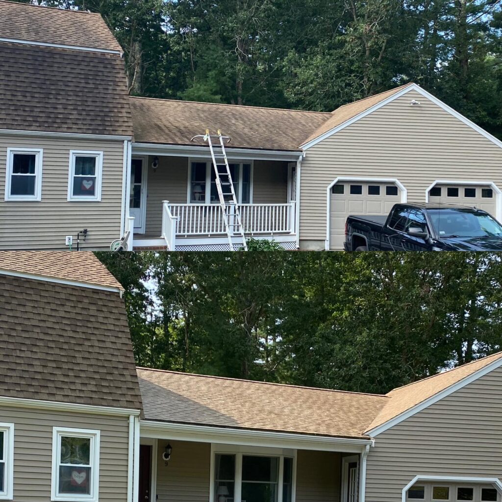 Dirty brown Shingles restored before and after