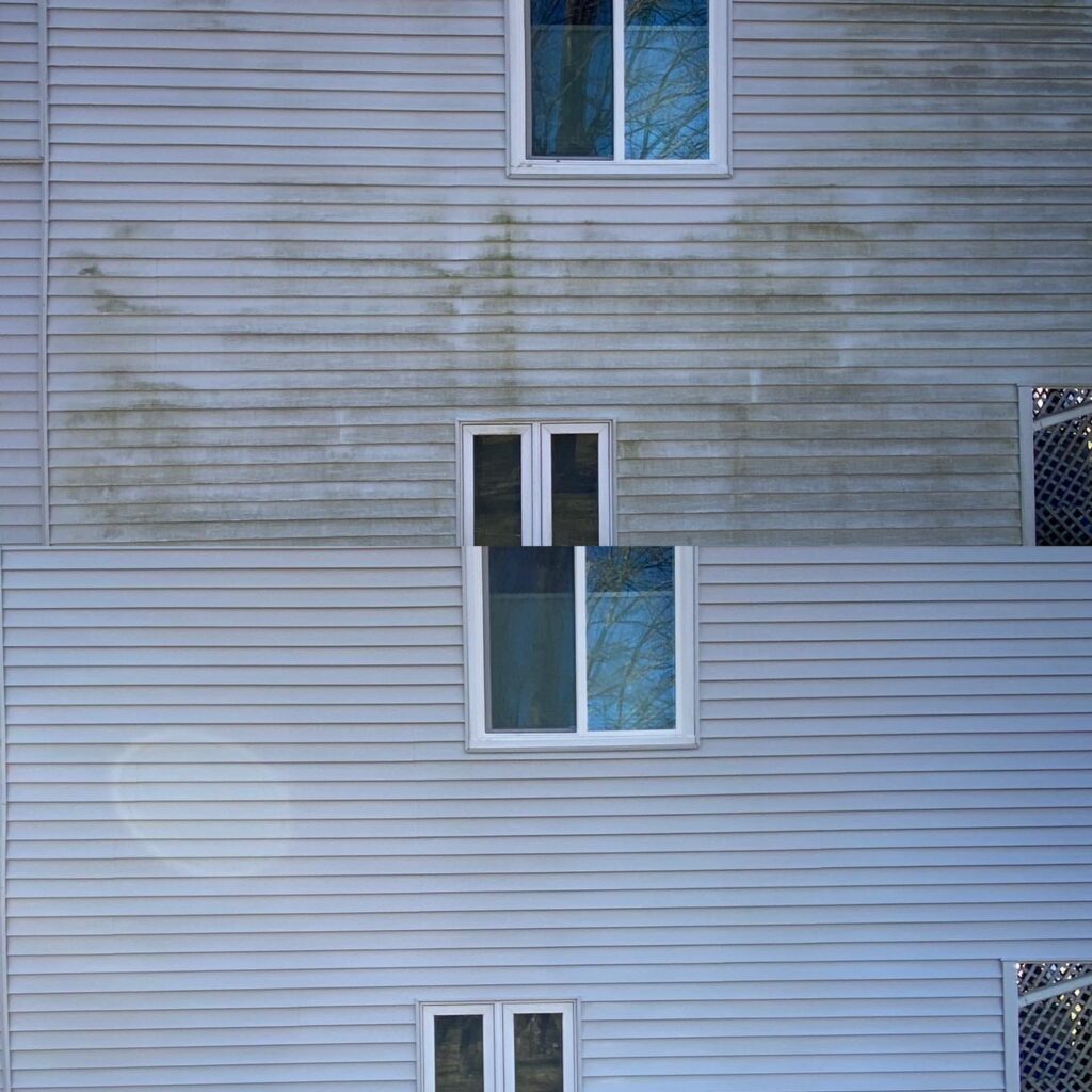 gray vinyl siding house with 5 windows wash before and after