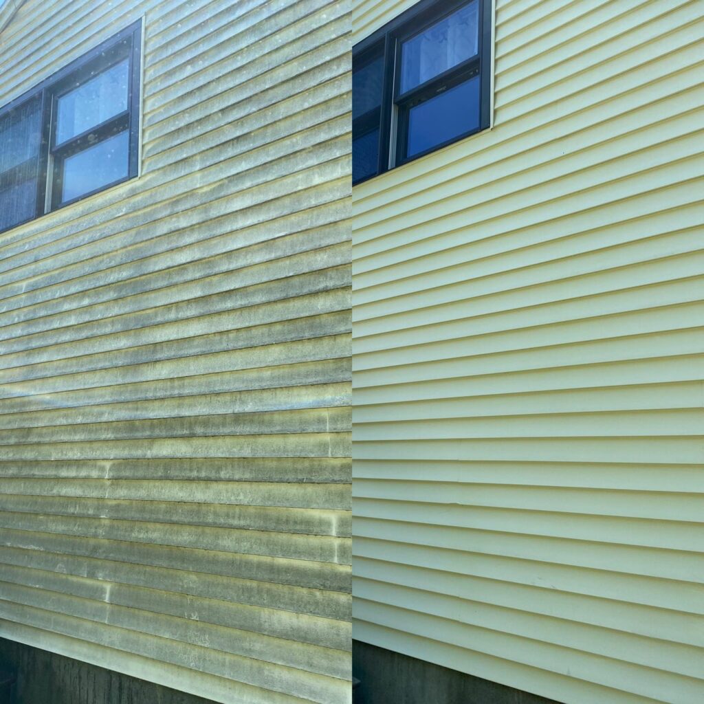 yellow vinyl siding house with 2 windows wash before and after