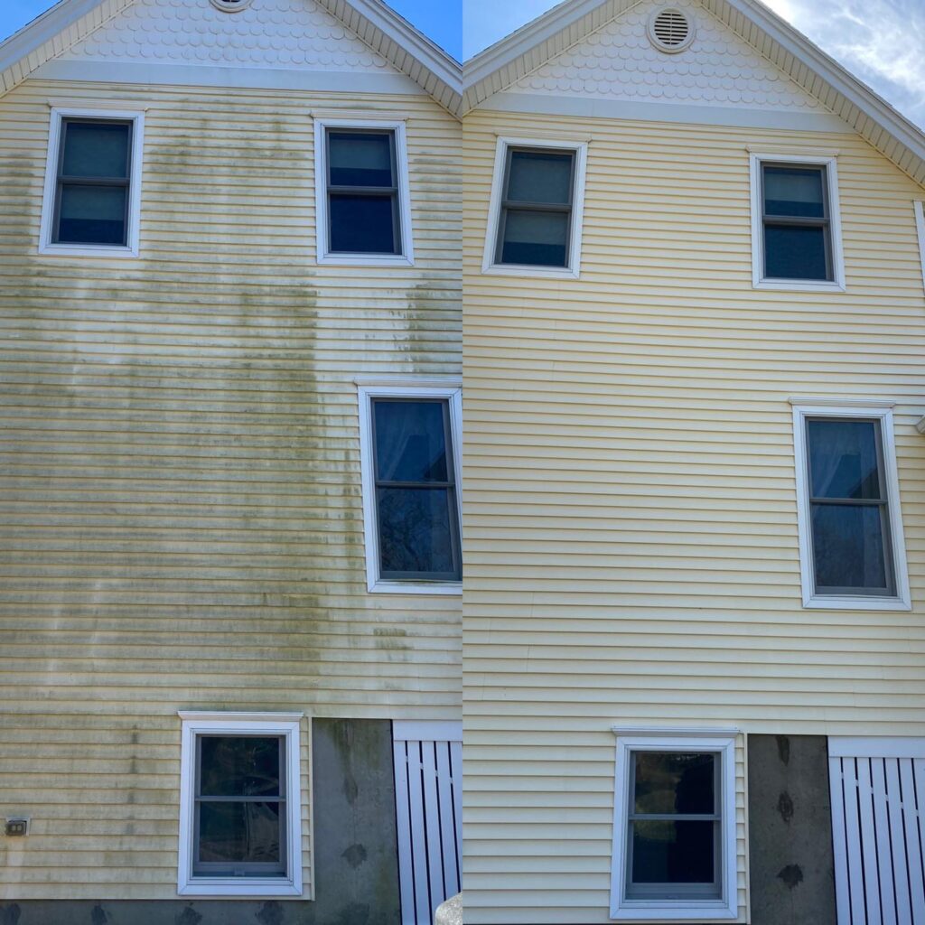 yellow vinyl siding house with 5 windows wash before and after